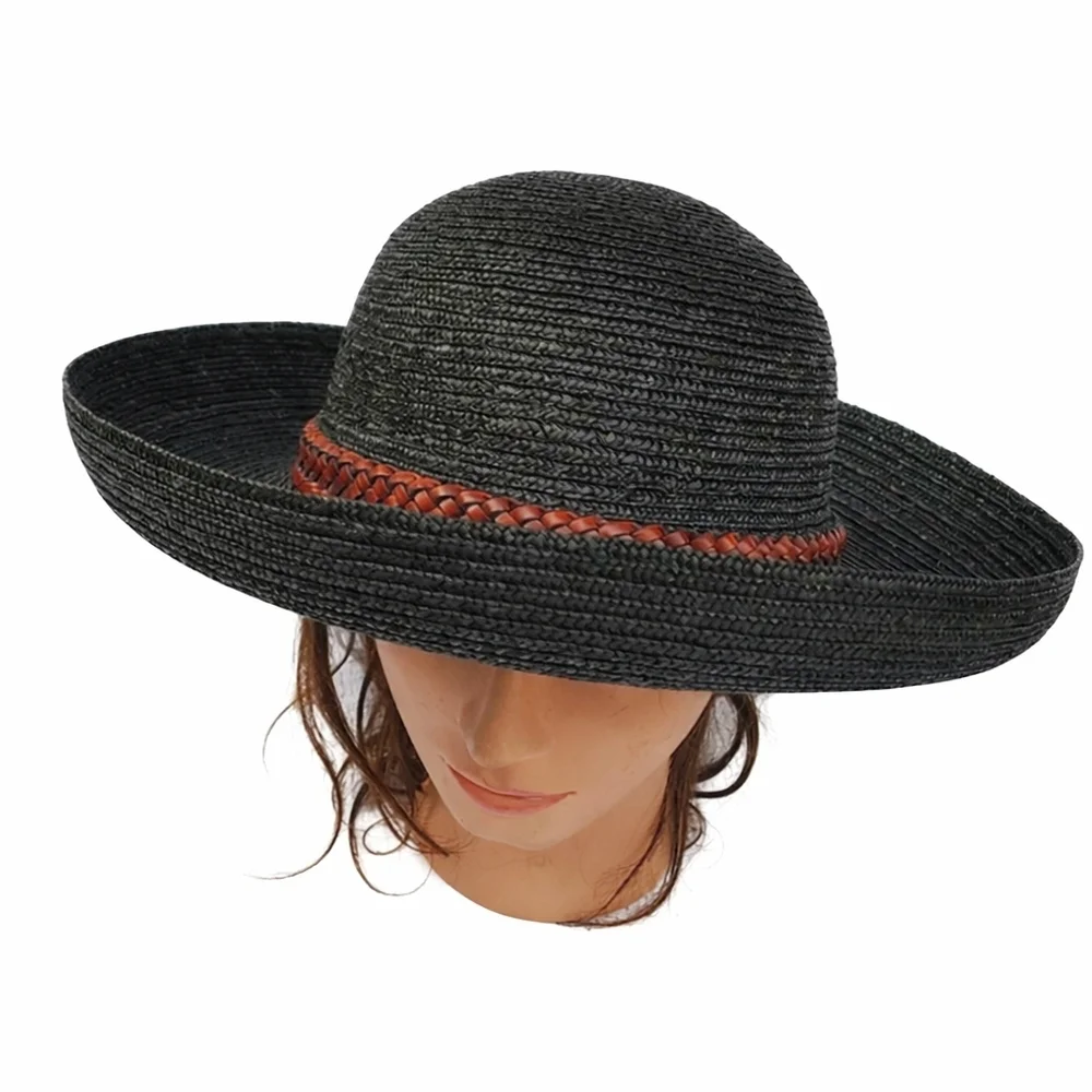 Black Rattan braided‎ leather  band hat